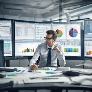 IT Freelancer: Analyst vor Monitoren mit Diagrammen