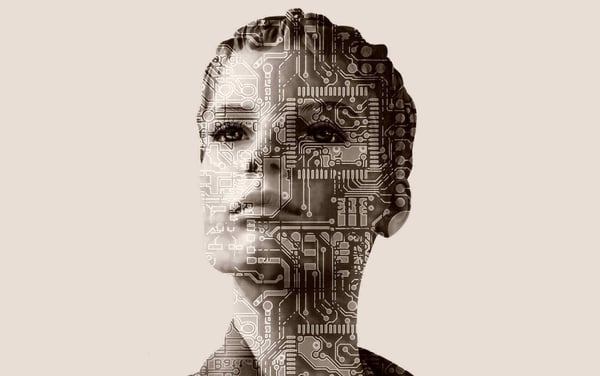 Digitale Transformation im Consulting: Gesicht aus Schaltkreis-Mustern