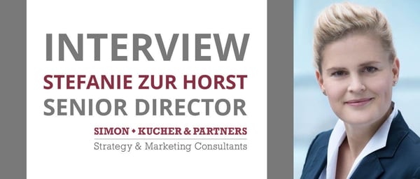 Interview Stefanie zur Horst, Simon-Kucher: Interview card with a portrait of Stefanie zur Horst