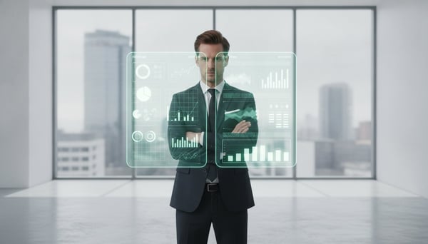 A/B-Testing: Mann vor einem holografischen Dashboard mit Kennzahlen