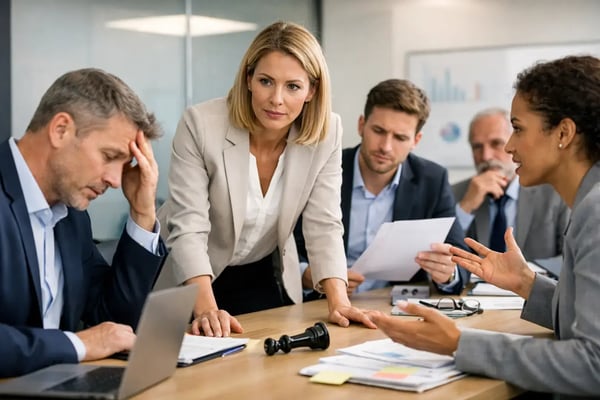 Fehler bei der Expertenbesetzung: Besprechung mit ratloser Miene und Schachfigur auf dem Tisch