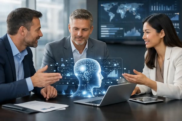 AI in Operations Consulting: Team am Konferenztisch mit leuchtendem KI-Gehirn und Dashboards