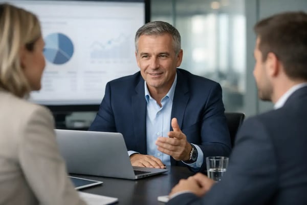 Auswahlkriterien für Interim CIOs: Manager im Auswahlgespräch vor Kennzahlenbildschirm