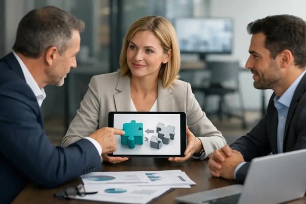Advisers for a carve-out: Consultant showing a tablet with puzzle pieces