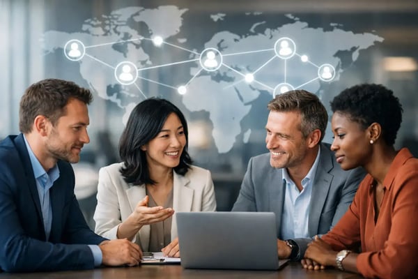 Top expert networks: Four people at a laptop with connected people icons