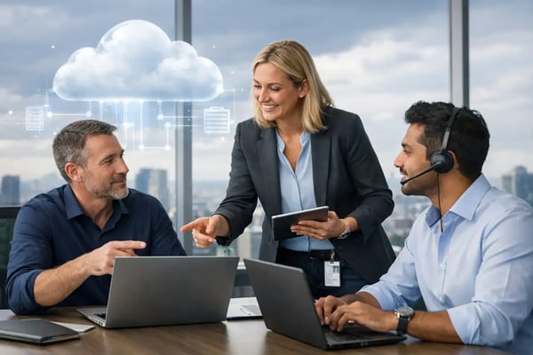 Cloud-Migration-Experten auf Zeit: Beraterin mit Tablet und Cloud-Hologramm im Gespräch
