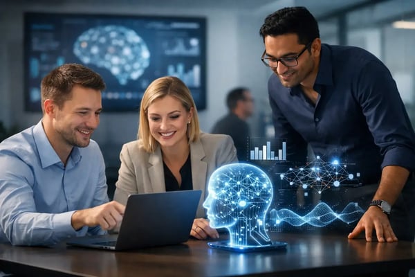 Data and AI experts: Team at a laptop with a glowing AI brain