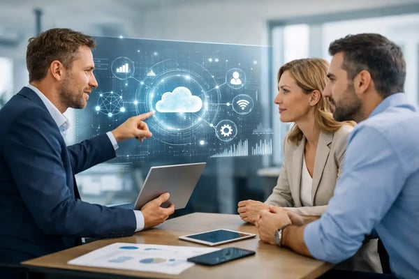 Digitale Transformation Berater: Berater zeigt ein Cloud- und Daten-Hologramm am Konferenztisch