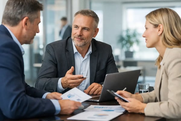 External due diligence experts: Three professionals with a tablet and documents at a table