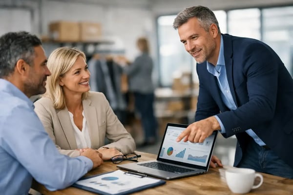 Interim procurement expert: Purchasing team at a laptop in a warehouse with stock shelves