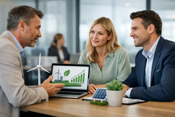 ESG-Experten extern: Team am Laptop mit Windrad-Grafik und Solarmodell auf dem Tisch
