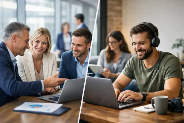 Expert network versus freelancer platform: Split image of a consulting meeting and a freelancer at a laptop
