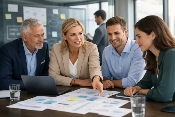 Expertenteam für Transformationsprojekt: Vier Personen arbeiten mit Notizzetteln und Unterlagen am Tisch