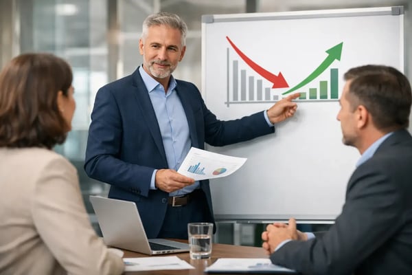 External turnaround management experts: Manager showing a turnaround curve at a flipchart