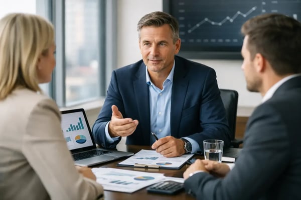 Finance Interim Manager: Finanzteam am Konferenztisch mit Taschenrechner und Auswertungen