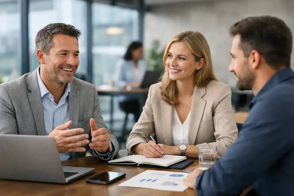 Freelance consultant model: Three people talking over a tablet and coffee