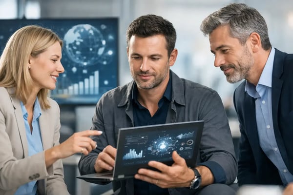 Freelance Experten für digitale Transformation: Drei Personen betrachten ein Tablet mit Datenvisualisierung