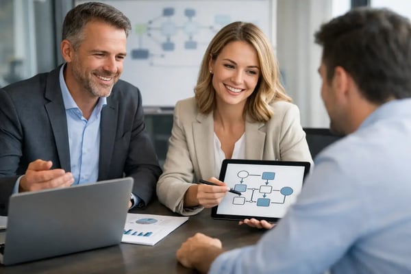 Freelance process optimization experts: Consultant showing a process diagram on a tablet