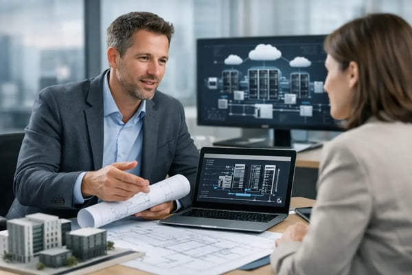 Freelance IT architect: IT architect with a blueprint and building model in front of dashboards