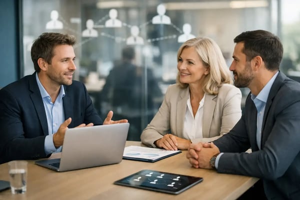 HR Transformation Berater Freelance: Drei Personen am Konferenztisch vor Personen-Symbolen auf dem Bildschirm