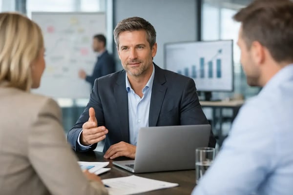 Independent consultant for transformation: Consultant talking to two executives in front of dashboards