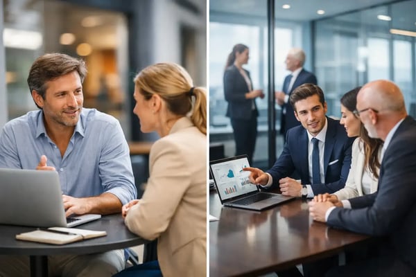 Independent consultant versus consulting firm: Split image of a one-to-one meeting and a consulting team