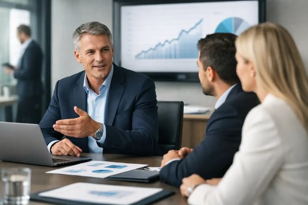 Interim CFO for transformation: Manager presenting a rising results curve on screen