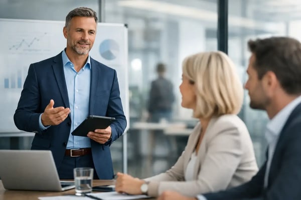 Interim manager meaning and benefits: Interim manager with a tablet in conversation with two executives
