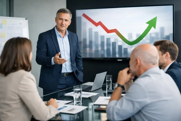 Interim Manager im Turnaround: Manager präsentiert eine Trendwende-Kurve auf dem Bildschirm