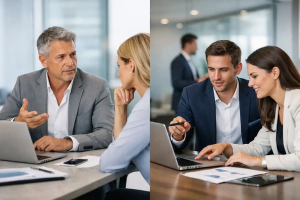 Interim manager versus management consulting: Split image of two consulting situations