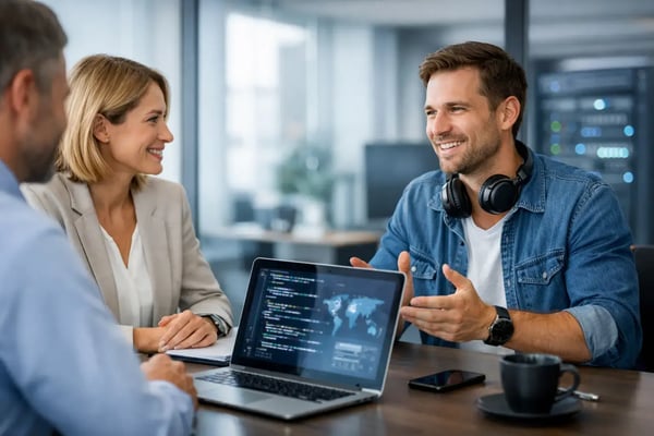 IT-Strategie mit Freelancern: Freelancer mit Code auf dem Laptop im Gespräch