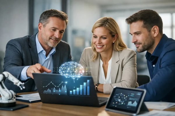 AI consulting for mid-sized companies: Team at a laptop with an AI symbol and a robot arm