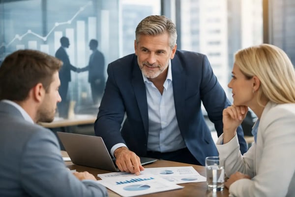 M&A Experten auf Zeit: Besprechung am Konferenztisch, im Hintergrund ein Handschlag auf dem Bildschirm
