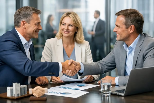 M&A Support für den Mittelstand: Handschlag am Konferenztisch mit Gebäudemodell