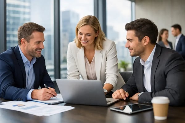 PMI support for investor teams: Three people at a laptop in front of a city skyline