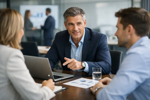 Private Equity Operating Expert: Berater im Gespräch mit zwei Führungskräften im Glasbüro
