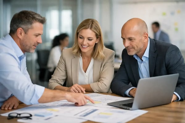 Projektspitzen mit externen Spezialisten: Drei Fachkräfte arbeiten gemeinsam an Unterlagen