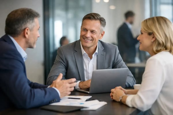 Interim provider review: Three executives at a laptop in a glass office