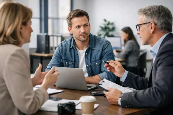 Scheinselbstständigkeit bei Freelancern: Freelancer im Gespräch mit zwei Auftraggebenden