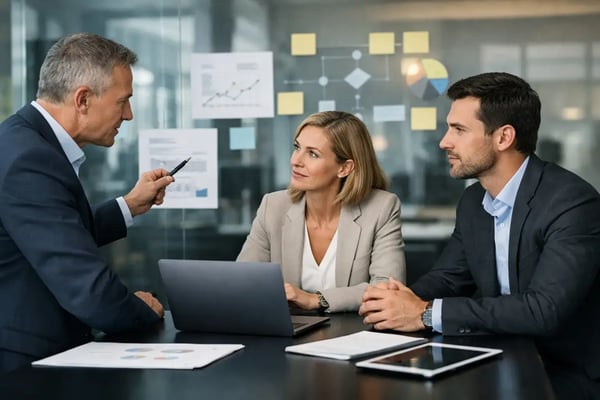Strategieexperten auf Zeit: Manager erläutert ein Chart an der Glaswand mit Notizzetteln