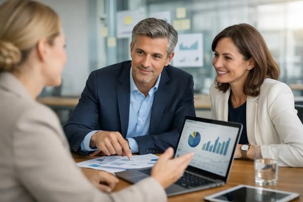 Outsourcing a strategy project: Consultant with a tablet and a metrics chart in conversation