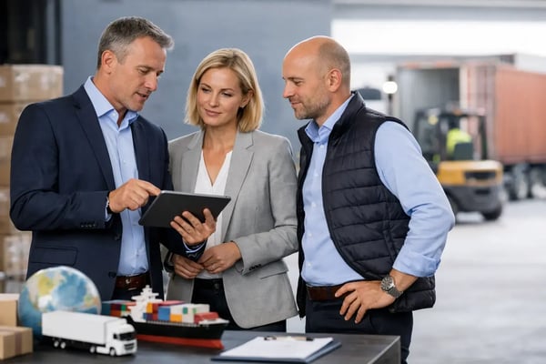 Supply Chain Interim Management: Drei Fachkräfte mit Tablet und Lkw-Modellen im Lager, dahinter ein Gabelstapler