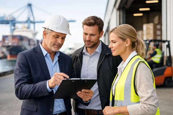 External supply chain task force: Two men and a woman with hard hats and a clipboard at a port terminal