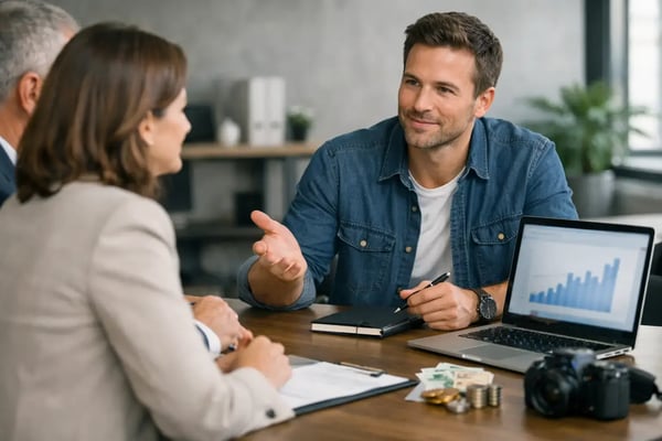 Was kostet ein Freelance Experte: Auftraggeberin und Freelancer besprechen Zahlen am Laptop