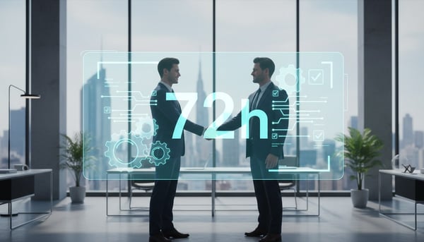 Freelancer-Onboarding in 72 Stunden: Handschlag im Büro vor einem Hologramm mit 72h, Zahnrädern und Häkchen