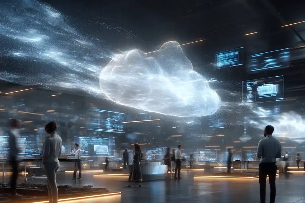 Betriebsteam beobachtet eine Cloud-Umgebung auf mehreren Bildschirmen im Leitstand