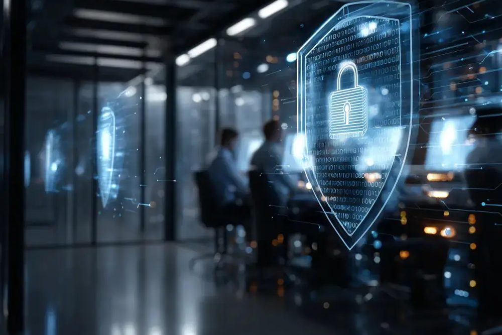 Security specialists discussing a protection concept in front of a data centre visualisation