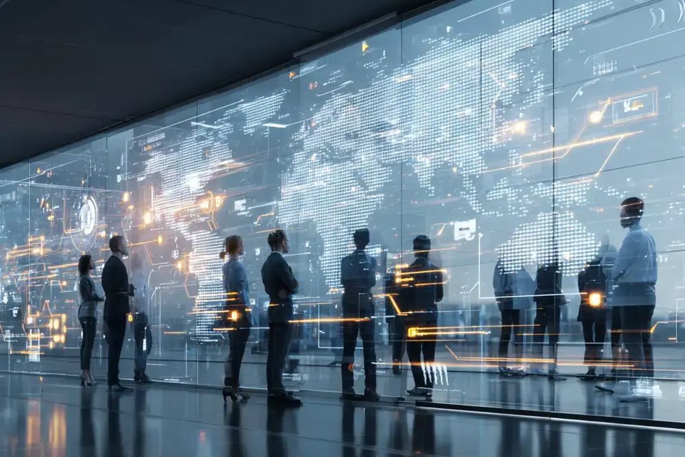 Marketing team reviewing channel and campaign data on a data wall