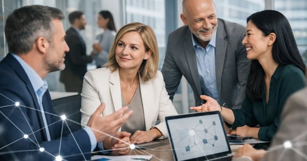 Expertennetzwerk für PE-Teams: Investment- und Operating-Team am Konferenztisch mit Netzwerkgrafik