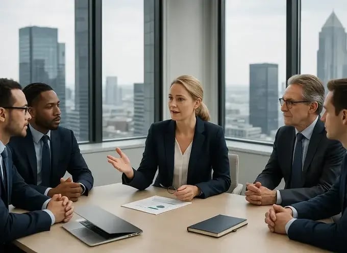 Führungsrunde im Hochhausbüro diskutiert die künftige Ausrichtung des Unternehmens